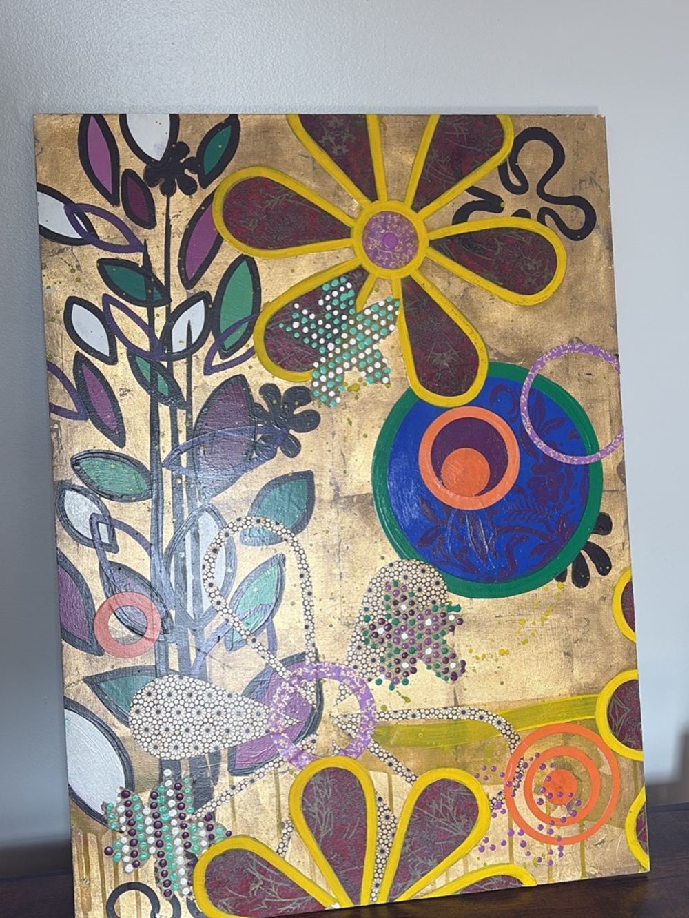 Hand-Painted Floral Pop Art Canvas - Gold, Purple, Teal